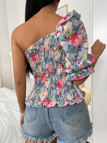 SHEIN VCAY Allover Floral Print Shirred Blouse - Multicolor - View 2
