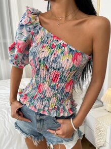 SHEIN VCAY Allover Floral Print Shirred Blouse - Multicolor - View 3