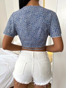 SHEIN VCAY Áo sơ mi nữ Thắt nút Trọn gói Họa tiết hoa Boho - Xanh và trắng - Xem 2