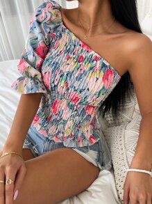 SHEIN VCAY Allover Floral Print Shirred Blouse - Multicolor - View 4