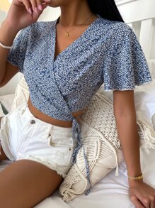 SHEIN VCAY Áo sơ mi nữ Thắt nút Trọn gói Họa tiết hoa Boho - Xanh và trắng - Xem 6