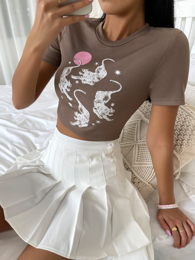 Camiseta corta con estampado de tigre - Café integral - Añade 4
