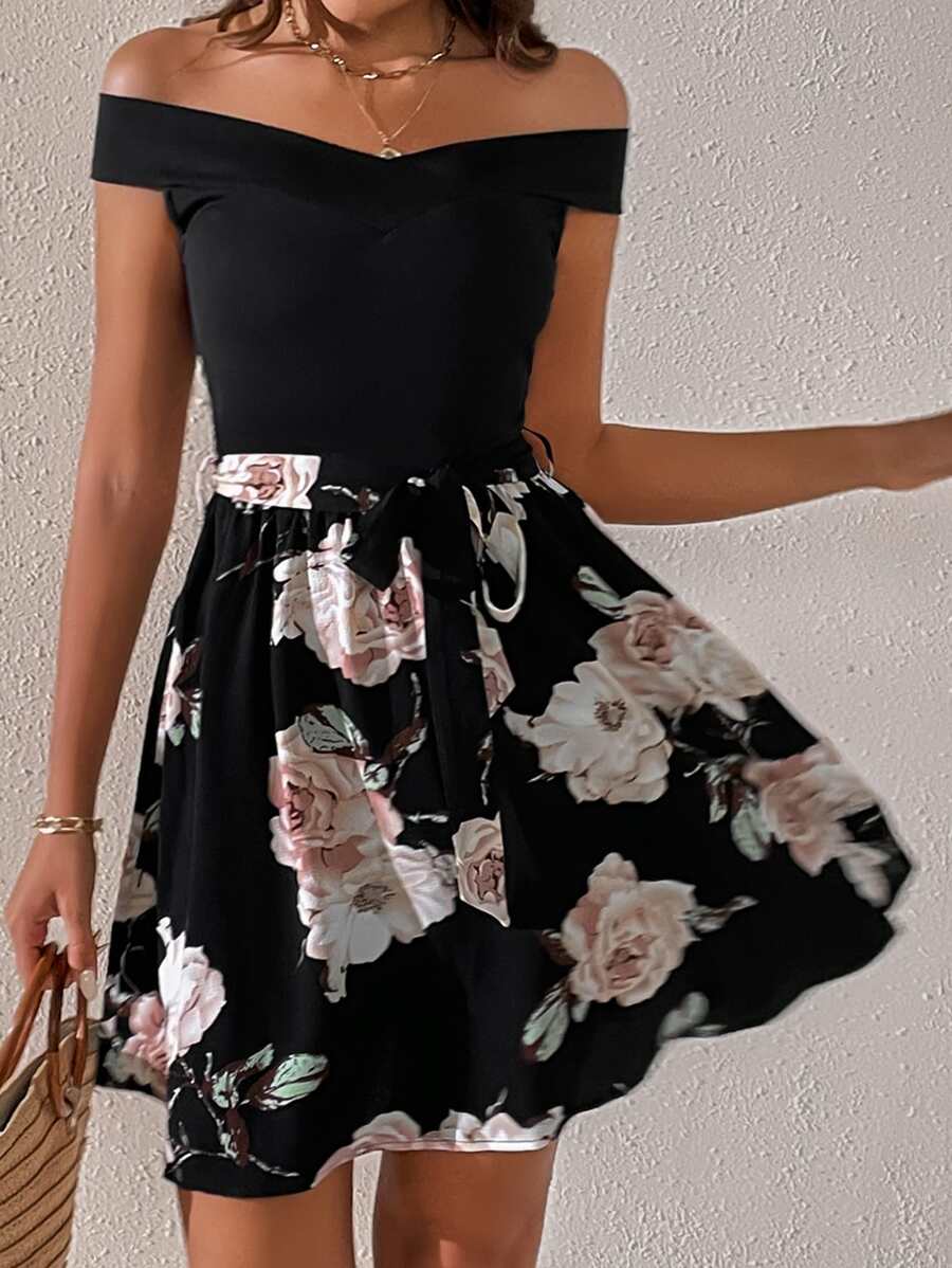 SHEIN Clasi Floral Print Off The Shoulder Dress - Black - View 1
