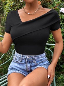 SHEIN Privé Asymmetrical Neck Rib-knit Bodysuit