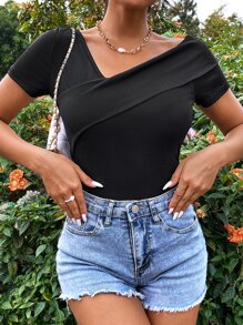 SHEIN Privé Asymmetrical Neck Rib-knit Bodysuit