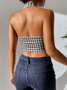SHEIN PETITE Houndstooth Backless Crop Halter Top - Multicolor - View 2