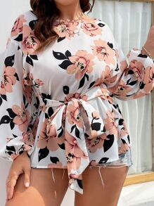 Plus Floral Print Lantern Sleeve Knot Front Blouse Peplum Top - Multicolor - View 5