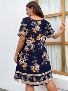 SHEIN LUNE Plus Floral Print Tunic Dress - Navy Blue - View 2