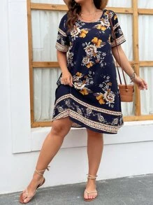 SHEIN LUNE Plus Floral Print Tunic Dress - Navy Blue - View 3