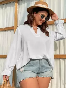 Áo sơ mi Plus Size Xù màu trơn Giải trí - trắng - Xem 1