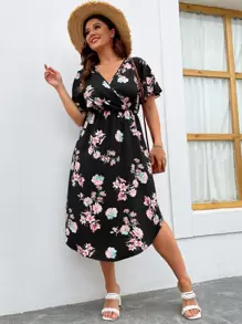 SHEIN LUNE 大碼印花蝴蝶袖連衣裙 - 黑色 - 查看 4