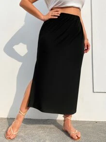 Falda unicolor de muslo con abertura - Negro - Ver 5