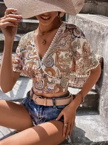 SHEIN Frenchy Áo sơ mi nữ POM Pom Buộc lại Trọn gói Paisley Boho - Nhiều màu - Xem 1