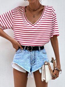 SHEIN Frenchy Áo thun nữ Sọc Giải trí - Đỏ và trắng - Xem 1