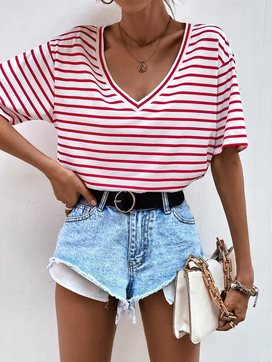SHEIN Frenchy Áo thun nữ Sọc Giải trí - Đỏ và trắng - Xem 1