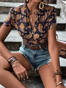 SHEIN LUNE Paisley & Floral Print Notched Neck Blouse - Multicolor - View 1