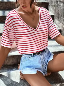 SHEIN Frenchy Áo thun nữ Sọc Giải trí - Đỏ và trắng - Xem 3