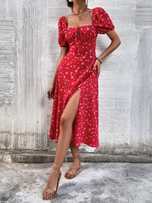 SHEIN Frenchy 滿身花卉方領胸部褶皺泡泡袖高衩洋裝 - 紅色 - 查看 5