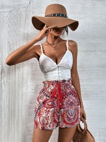 SHEIN VCAY Paperbag Waist Paisley Shorts - Multicolor - View 4