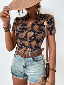 SHEIN LUNE Paisley & Floral Print Notched Neck Blouse - Multicolor - View 8