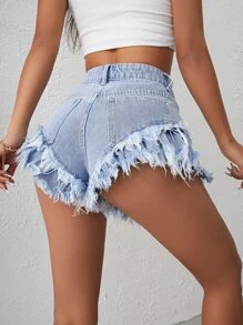 毛邊緣荷葉邊闊腿牛仔短褲