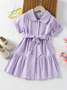 Toddler Girls Roll Up Sleeve Ruffle Hem Belted Shirt Dress