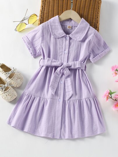 Toddler Girls Roll Up Sleeve Ruffle Hem Belted Shirt Dress