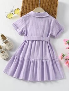 Toddler Girls Roll Up Sleeve Ruffle Hem Belted Shirt Dress