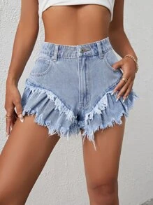 毛邊緣荷葉邊闊腿牛仔短褲