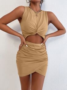 SHEIN SXY Peekaboo Front Twist Cross Wrap Ruched Dress - Khaki - View 3