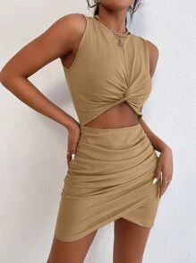SHEIN SXY Peekaboo Front Twist Cross Wrap Ruched Dress - Khaki - View 5