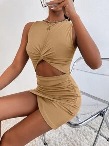 SHEIN SXY Peekaboo Front Twist Cross Wrap Ruched Dress - Khaki - View 7