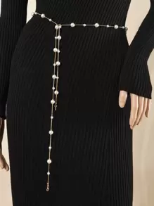 1pc Solid Color Faux Pearl Waist Chain, Stylish Versatile Dress Waist Chain Summer, School Fall, Autumn, Halloween - Gold - View 1