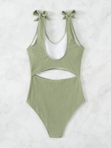 Textured Cut Out Knot Shoulder One Piece Swimsuit - Army Green - View 2
