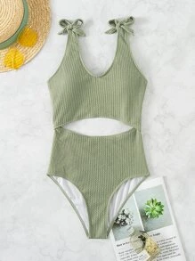Textured Cut Out Knot Shoulder One Piece Swimsuit - Army Green - View 3