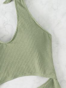 Textured Cut Out Knot Shoulder One Piece Swimsuit - Army Green - View 4