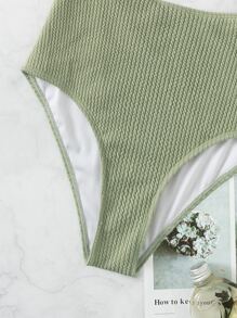Textured Cut Out Knot Shoulder One Piece Swimsuit - Army Green - View 5