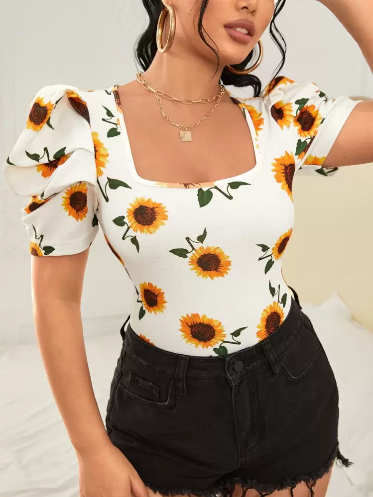 SHEIN Clasi ひまわり柄パフスリーブブラウス、半袖トップス | SHEIN JAPAN