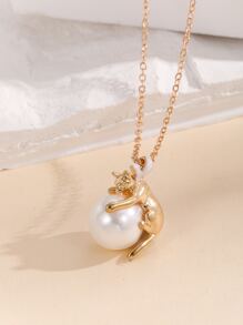 人造珍珠裝飾貓吊墜項鍊 - 彩色 - 查看 1