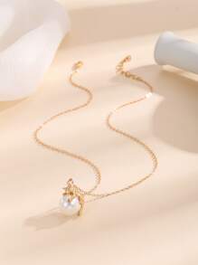 人造珍珠裝飾貓吊墜項鍊 - 彩色 - 查看 3