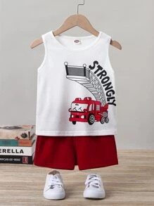SHEIN Young Boy Letter And Car Print Tank Top & Shorts