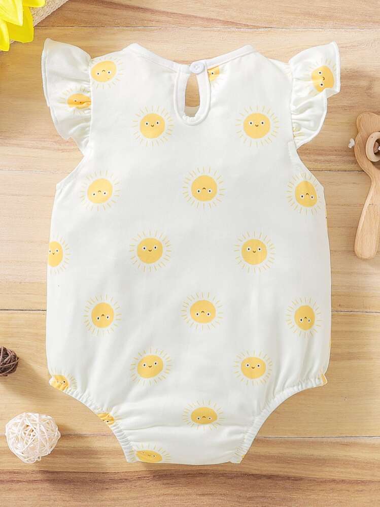 嬰兒女孩卡通太陽印花荷葉邊連體衣 - 白色 - 查看 2