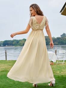 Contrast Lace Deep V-neck Chiffon Formal Dress - Apricot - View 2