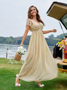 Contrast Lace Deep V-neck Chiffon Formal Dress - Apricot - View 3