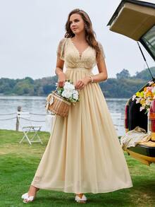 Contrast Lace Deep V-neck Chiffon Formal Dress - Apricot - View 4