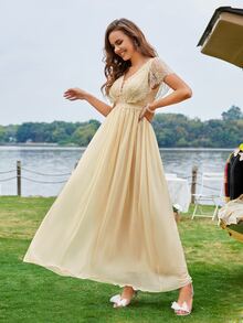 Contrast Lace Deep V-neck Chiffon Formal Dress - Apricot - View 5