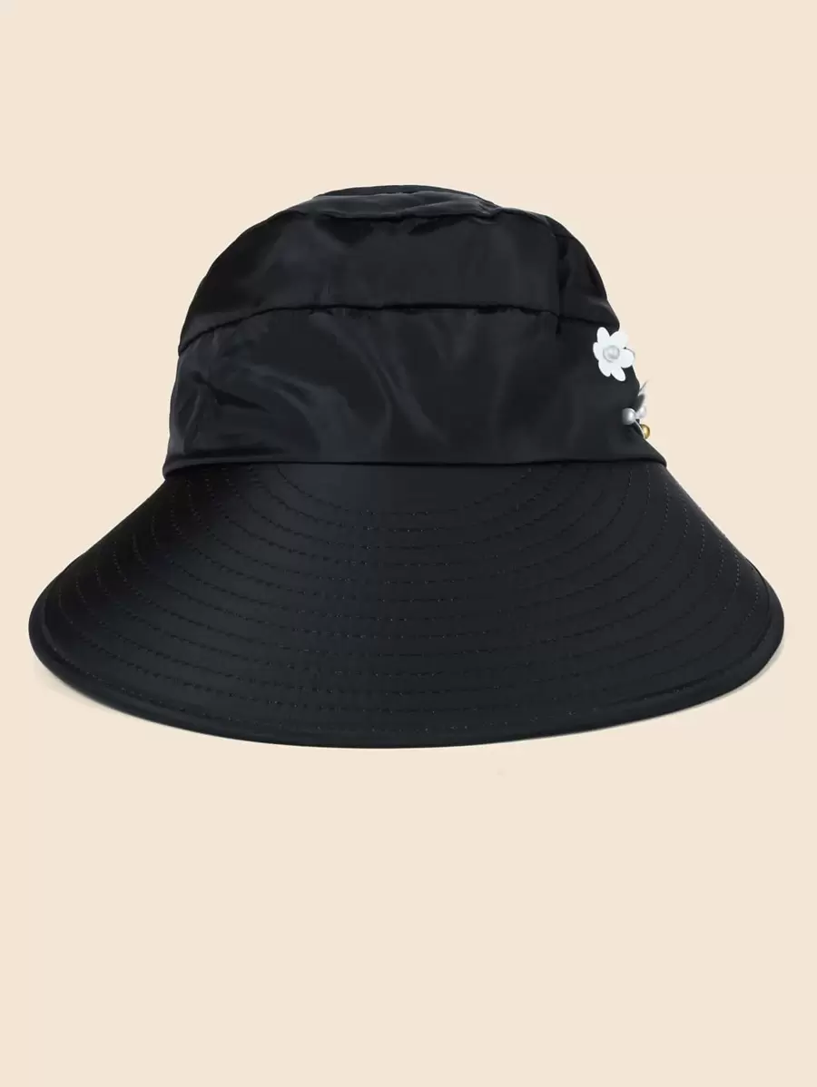 1pc Women Foldable Beaded Mesh Sunhat, Convenient For Outdoor Travel - Black - View 1