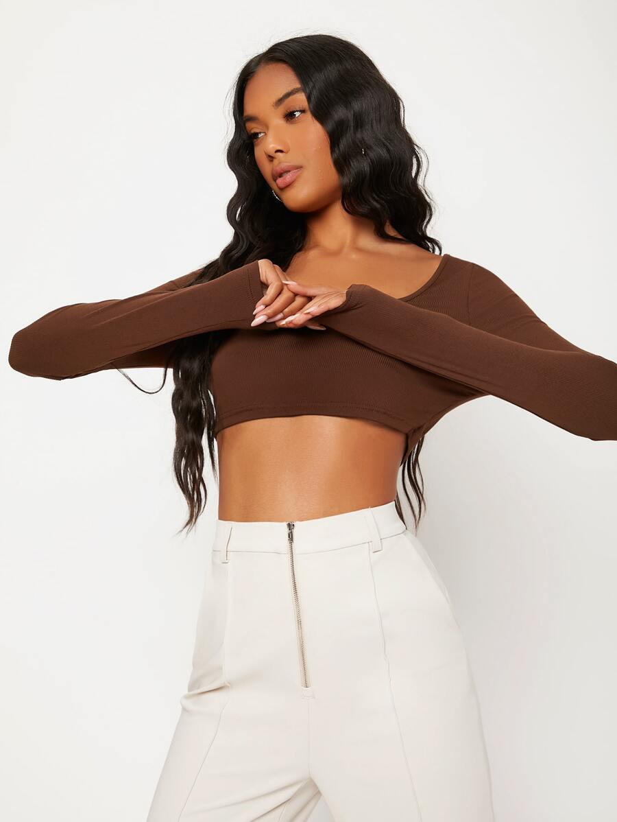 SHEIN BASICS White Knit Women's Slim Fit Crop Top With  Letter & Heart Pattern - Coffee Brown - View 1