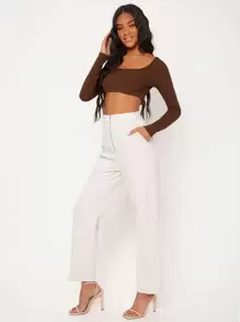 SHEIN BASICS White Knit Women's Slim Fit Crop Top With  Letter & Heart Pattern - Coffee Brown - View 4