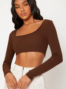 SHEIN BASICS White Knit Women's Slim Fit Crop Top With  Letter & Heart Pattern - Coffee Brown - View 8